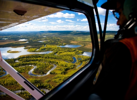 a person looks out the window of a small plane at wetlands below