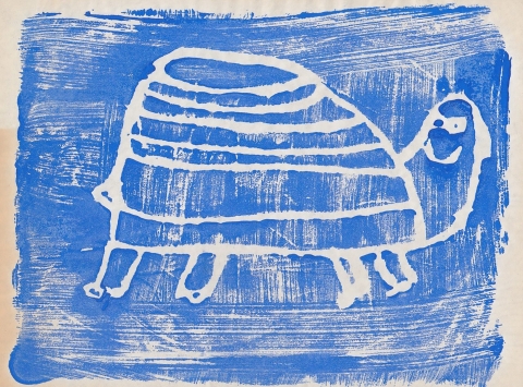 Painting with blue background and white outline of a tortoise