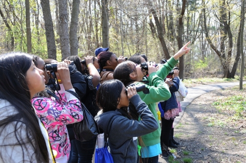 A group of children look at birds through binoculars and point at John Heinz National Wildlife Refuge at Tinicum.