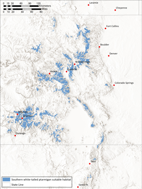 Map showing the range of Southern white-tailed ptarmigan occurring in the high-elevation areas of Colorado and northern New Mexico. This range includes areas within Rocky Mountain and Great Sand Dunes National Parks.
