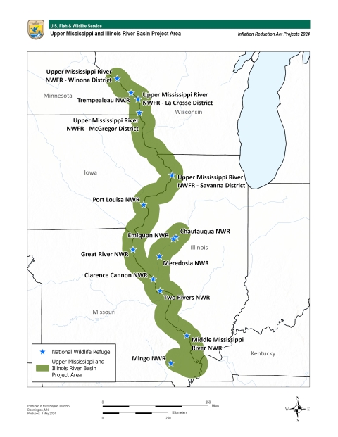 A map of the Upper Mississippi and Missouri rivers corridor as it runs through southeastern Minnesota, southern Wisconsin, Iowa, Illinois, Missouri and a western portion of Kentucky. There are 13 national wildlife refuges labeled with blur stars within the green buffer zone the runs on either side of the rivers. The purpose of the map is to show where Inflation Reduction Act funding is being put to work on the largest climate investment in history—for nature-based resiliency and restoration. Please contact 