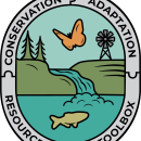 The Conservation and Adaptation Resources Toolbox logo which includes a butterfly flying over a stream with a fish in it. On the stream bank there are two trees and a windmill.
