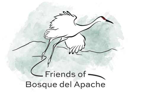 A white crane with a red cap spreads its wings over a green background. At the bottom are the words "Friends of Bosque del Apache"