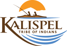 Logo that features two individuals fishing in a canoe beneath a sun. Text reads "Kalispel Tribe of Indians"