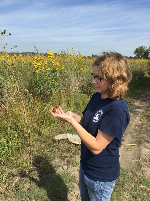 A refuge volunteer standing with a monarch butterfly on their hand. 