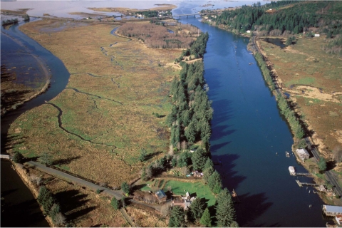 An aerial view of Siletz Bay National Wildlife Refuge's tidelands between Millport Slough and the Siletz River