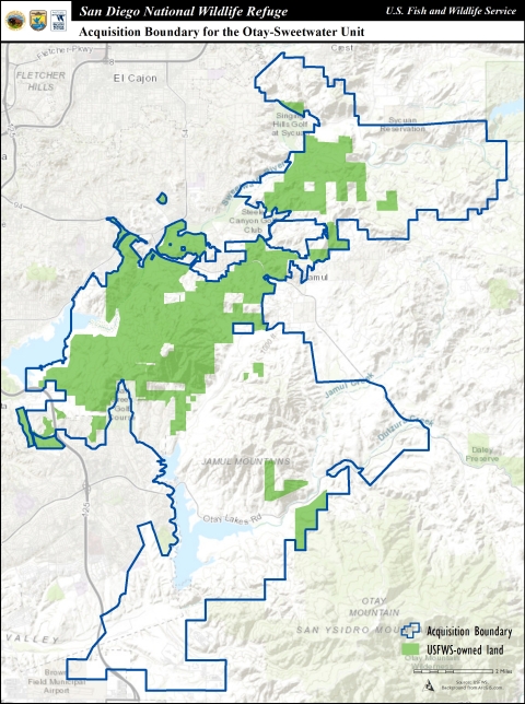 Map of Acquisition boundary for the Otay-Sweetwater unit of San Diego NWR. Within the Refuge's acquisition boundary, the U.S. Fish and Wildlife Service owns the areas shaded in green. Map shows most current land ownership.