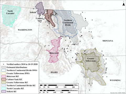 Map displaying grizzly bear ecosystems and outliers for the following areas, Greater Yellowstone, Northern Continental Divide, Bitterroots, Cabinet Yaak, Selkirk, and North Cascades.