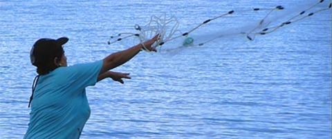 Fishing with a net, throwing it out into the water at Vieques National Wildlife Refuge