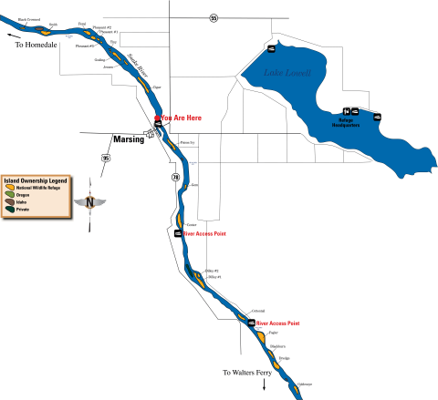 Map of stretch of the Snake River upstream and downstream of Marsing showing Deer Flat National Wildlife Refuge islands, state of Idaho islands, and private islands.