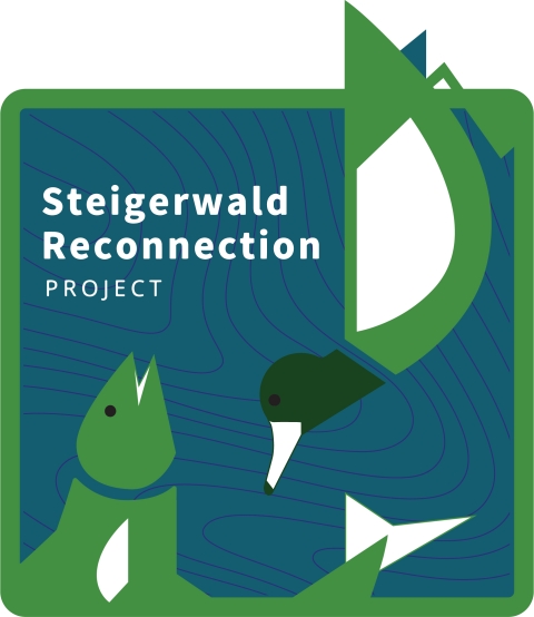 Steigerwald Project logo with text Steigerwald Reconnection Project, a green fish and duck dabbling into the water with topographic lines in the background.