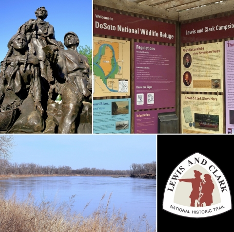 A four-photo collage: A statue of two men and a woman, a DeSoto National Wildlife Refuge kiosk, a Lewis and Clark Trail sign and the Missouri River