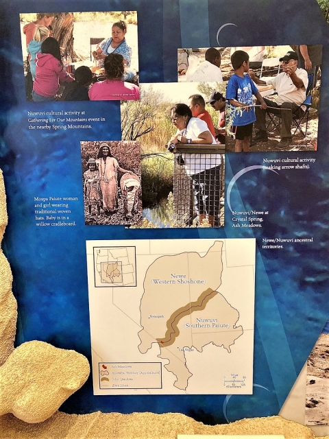 Exhibit sign with images of and text illustrating Newe/Nuwuvi ancestral territories and various cultural activities.