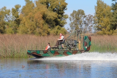 Two staff members drive an airboat through a wetland