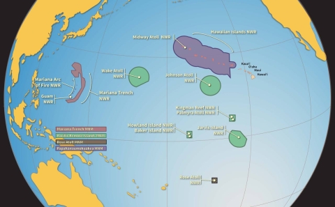 A map that shows the boundaries of the Marine National Monuments in the Pacific Ocean