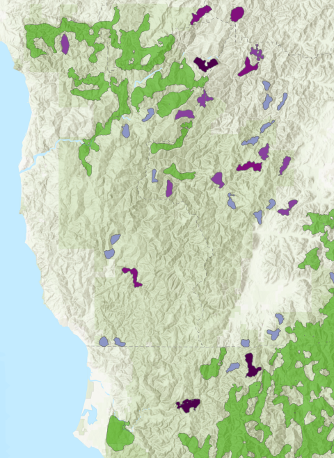 Example map showing symbolized habitat cores and supplemental cores from the coastal marten connectivity analysis.