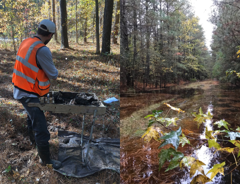 Two images side by side. The first shows a man in an orange vest using a grated box to sift through mud for artifacts. The second image shows a woodland road flooded with water. 