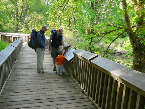 2 adults wearing daypacks and 2 children view an interpretive sign on a boardwalk through a deciduous forest.