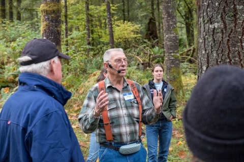 Ken Miller, family forest owner near Olympia, talks about managing his tree farm with Cascades to Coast Landscape Collaborative members. 