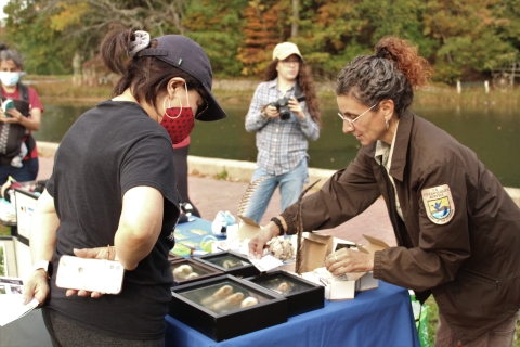 a woman wearing a Fish and WIldlife Service uniform displays various wildlife items to a community member at a Service event