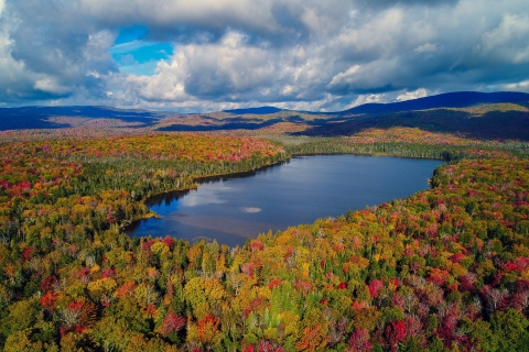 an aerial view of a pond in the middle of a colorful forest in fall