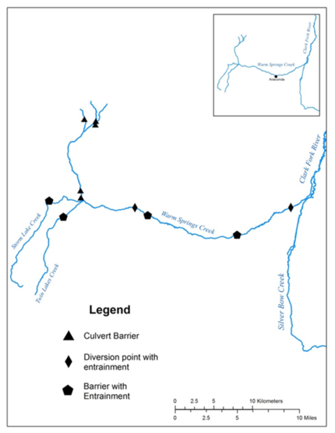 blue lines demonstrating the river with overlaid triangles indicating a culvert barrier, diamonds for a diversion point with entrainment, and pentagons for barrier with entrainment
