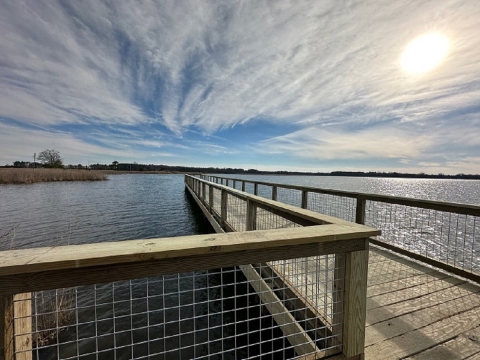 a boardwalk stretches over a body of water on a sunny day