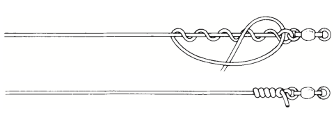 Illustration showing two steps to tying a common fishing knot.