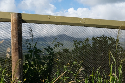 A close up of a fence with a hooded top and a long vertical post. The fence has a very small mesh which you can see though. Behind the fence is a lot of greenery and an mountain in the distance. 