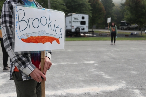 Two people standing on a black top holding signs, one of which reads Brookies
