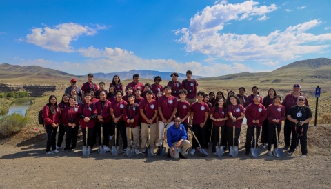 Students from Pyramid Lake High School pose for a photo with Deputy Director Siva Sundaresan from the U.S. Fish and Wildlife Service.