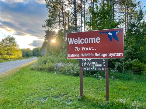 A welcome sign sits in front of a stand of trees and gravel road.