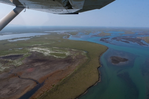 An aerial photo of wetlands and coastline near the Beaufort Sea