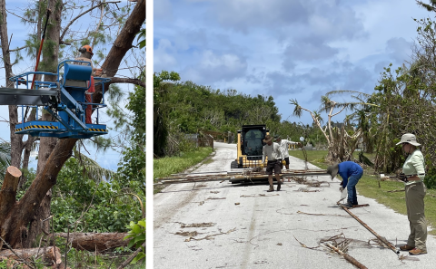 Staff and volunteers doing heavy post-typhoon recovery work
