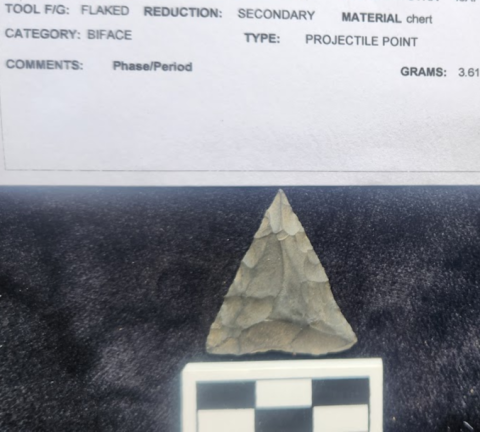 A gray triangle-shaped chert point artifact pictured on a black background below its printed text inventory description which labels it as a projectile point.
