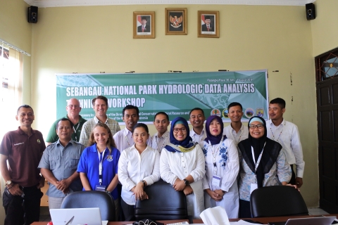A group of U.S. Fish and Wildlife Service and Indonesian hydrologists at a hydrologic data analysis workshop in Sebangau National Park.