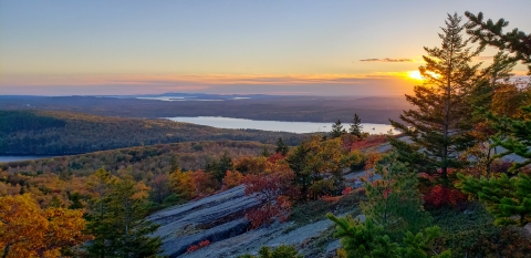 sunset from mountain-side overlooking forest with colorful foliage