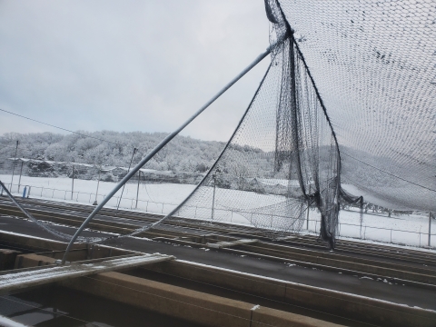 Snow covered cement and steel raceways with bent steel poles and a massive hole in the overhead netting. Large sections of the damaged net are hanging down to the ground making travel impossible. There is a tree and snow covered hillside behind the fish hatchery rearing section.