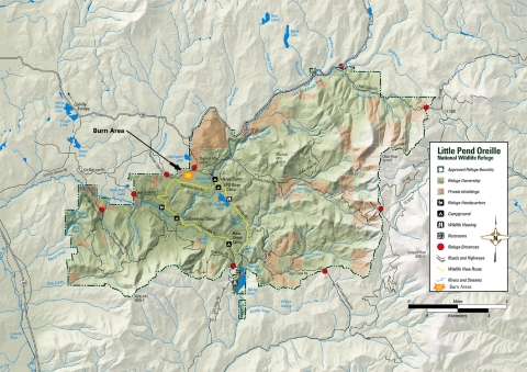 Map depicting the location of a prescribed burn happening in the northwest section of the Little Pend Oreille National Wildlife Refuge.