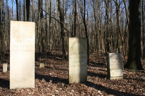 Three gravestones at the Myers Cemetery on Muscatatuck NWR