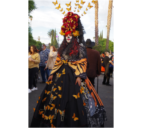 Woman wears monarch butterfly dress and headdress on the Day of the Dead