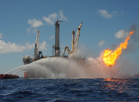The Q4000 flares off gas at the site of drilling operations at the Deepwater Horizon Response site July 8, 2010.