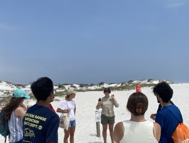Staff talking to students on beach