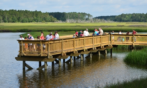 Kids fishing on the public fishing pier at Harris Neck NWR