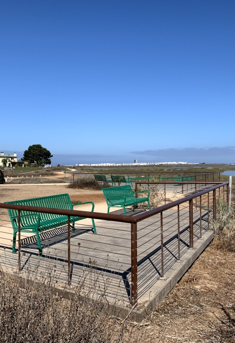 Deck area with green benches near river. 