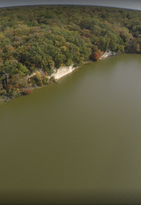 An aerial view of a cliffside that abuts a large green river. Trees cover the land in various shades of green and yellow. Adjacent to the cliffs are marshlands. 