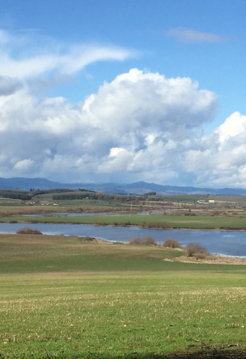 Wide view of prairie with pond in the distance on a partly cloudy day.