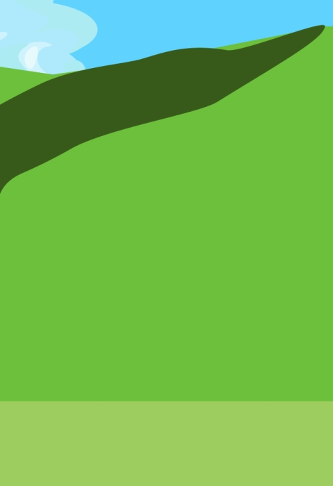 A rendering of a dog and a green butte