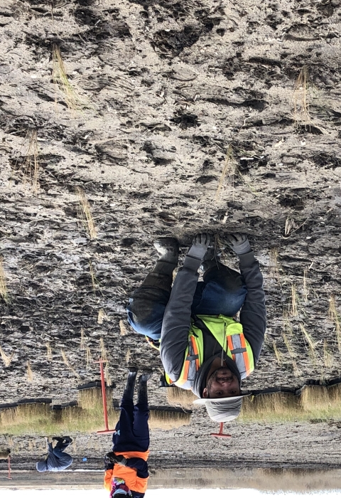 A young woman in muddy boots and a hat with the Service shield on it holds a small grass plant. She kneels in the mud of a marsh. Next to her a volunteer with a beard, brimmed hat, and safety vest, pats the dirt around a recently planted grass plug. 