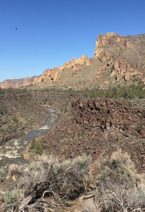 Crooked River snakes its way through the sagebrush and juniper landscape with a rocky mountain (Smith Rock) in the background.